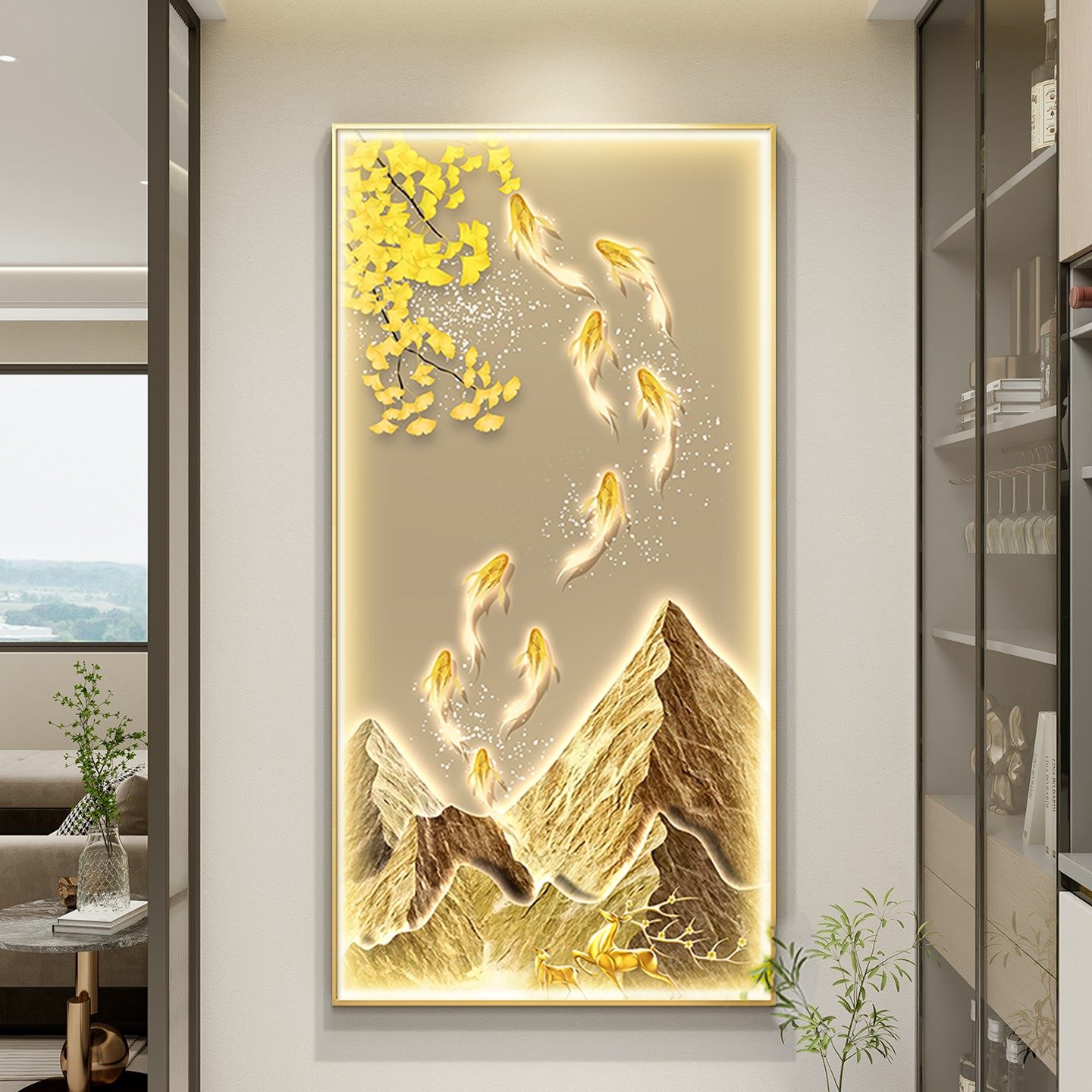 九鱼图玄关装饰画入户正对门轻奢高级感走廊过道带灯挂画2025新款,家居饰品,现代装饰画,淘宝优惠券,粉丝福利购,淘宝优惠卷