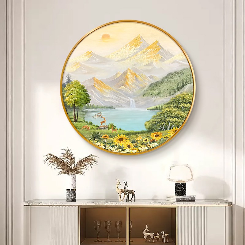 日照金山圆形入户玄关装饰画山水手绘油画走廊过道挂画高级感壁画图片