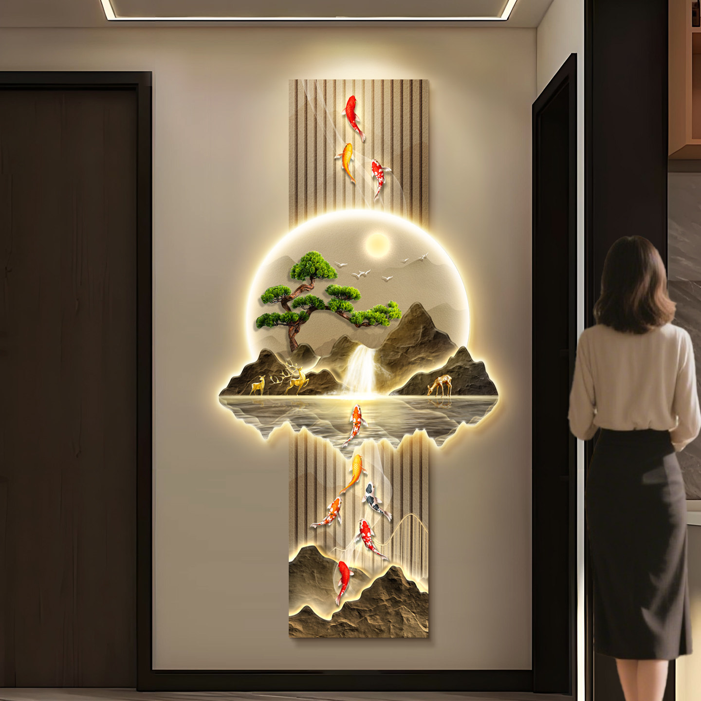 九鱼图挂画高级感入户玄关装饰画正对门带灯画走廊过道壁画新中式