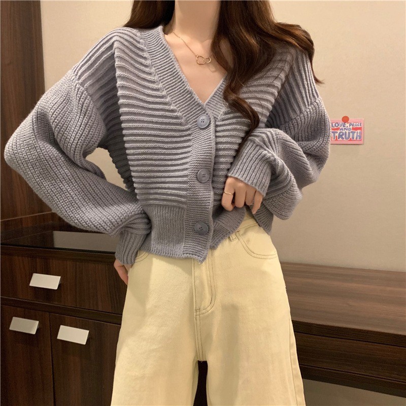 V领针织开衫女2025秋冬新款宽松慵懒毛衣外套别致小个子上衣