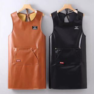简约PU软皮防水防油坎肩式 围裙厨房饭店餐饮专用定制logo印字围腰