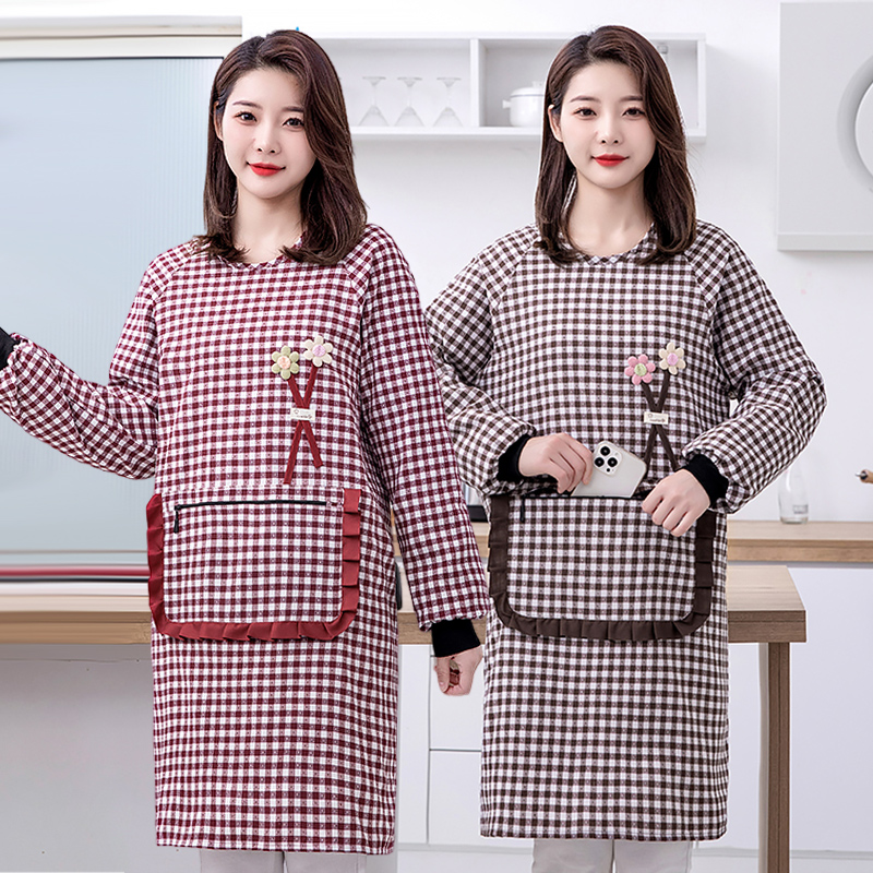 加厚棉布罩衣家用厨房做饭长袖围裙韩版女时尚干活防污带袖工作服