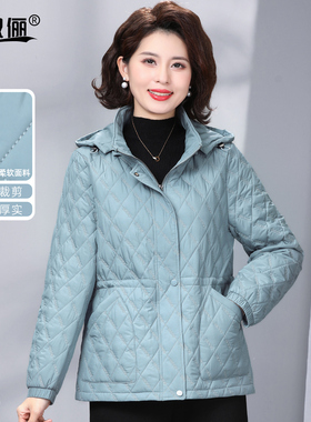 时尚减龄连帽压格棉服女中老年人棉衣外套洋气蓝色收腰显瘦妈妈装