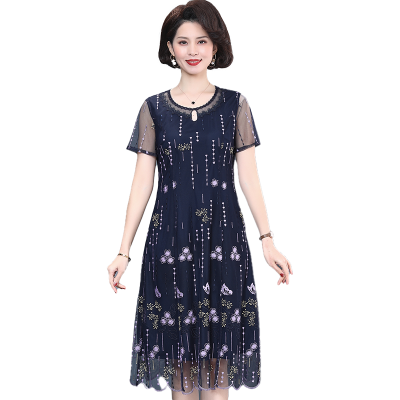 妈妈夏装短袖蕾丝显瘦连衣裙