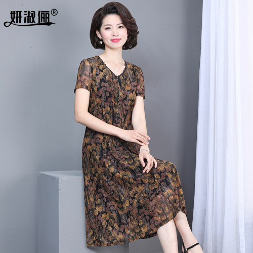 中年妈妈气质短袖台湾纱连衣裙