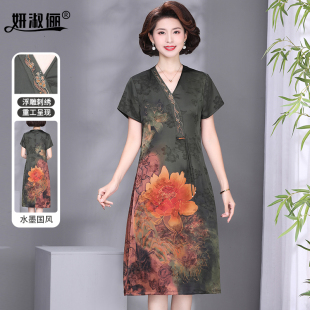 V领裙子 缎面中式 阔太太国风连衣裙2025新款 香云纱中老年妈妈夏季