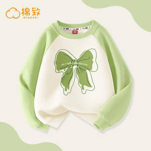 棉致女童春装绿色上衣蝴蝶结大童女装小孩衣服韩系童装潮儿童卫衣