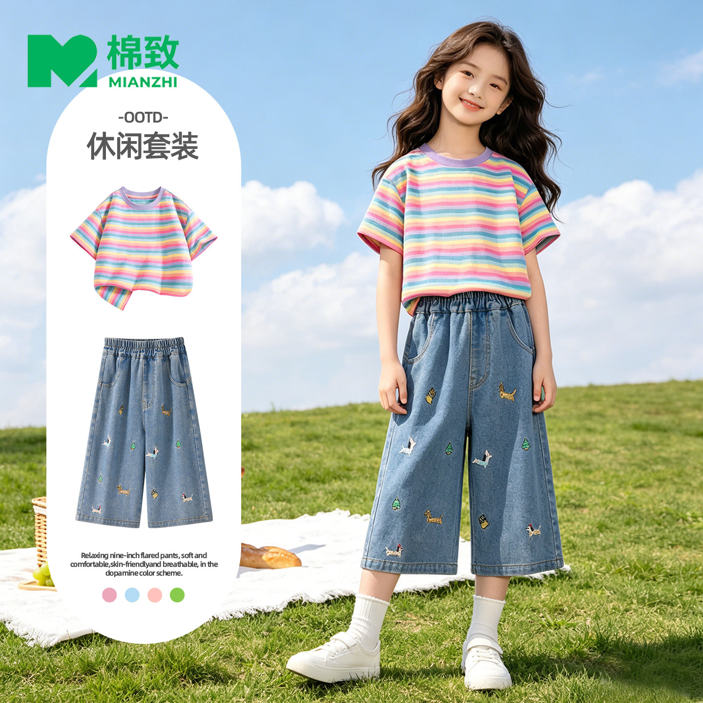 棉致女童夏季短袖牛仔裤套装
