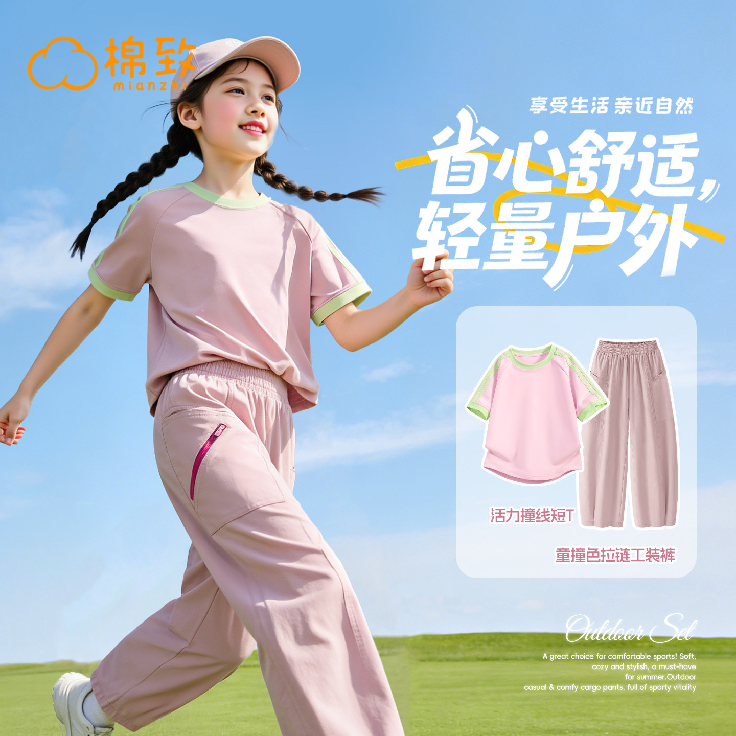 棉致女童套装2026新款夏季薄款工装九分裤女孩短袖t恤儿童夏装女