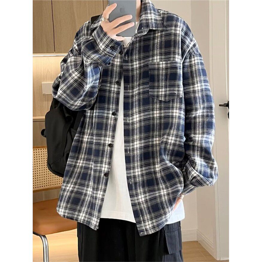 黑白格子衬衫男长袖高级感慵懒风衬衣春秋季潮牌休闲外套oversize