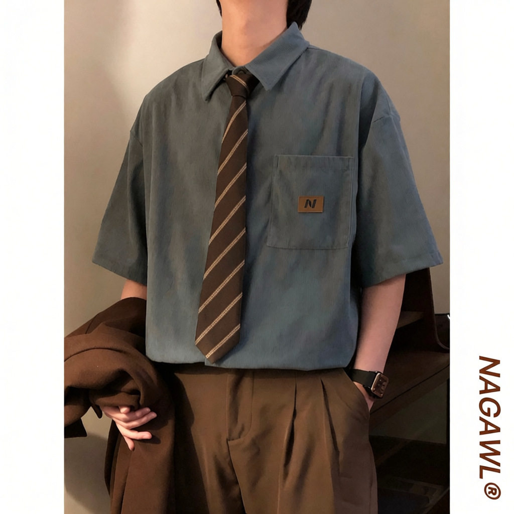 夏季新款日系复古满印花短袖衬衫男潮牌宽松休闲百搭痞帅薄款衬衣