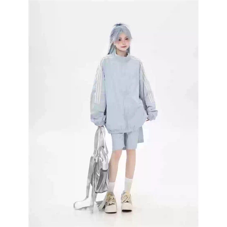 美式夏季户外轻薄防晒衣套装男女宽松情侣条纹休闲运动防晒服外套