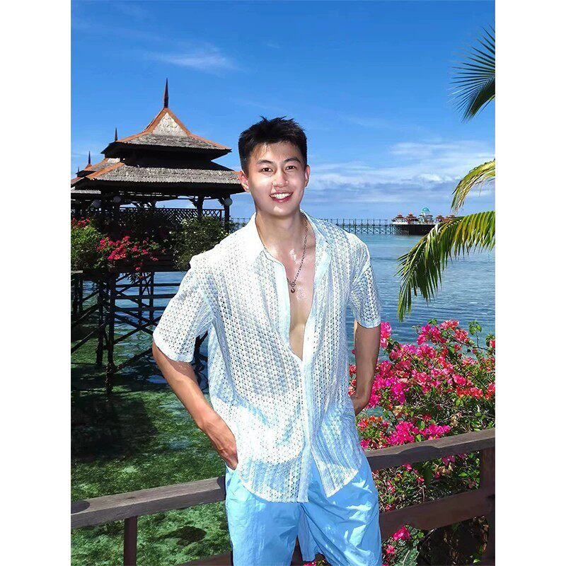 法式复古针织镂空短袖衬衫男夏季度假风海边穿搭宽松透气防晒衬衣