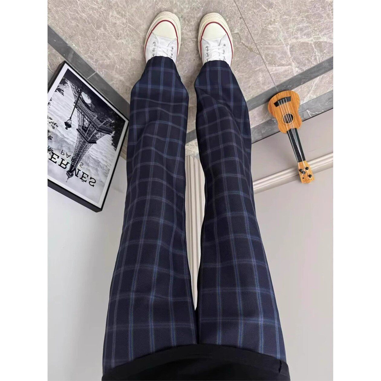 深蓝色垂感格子裤男夏季