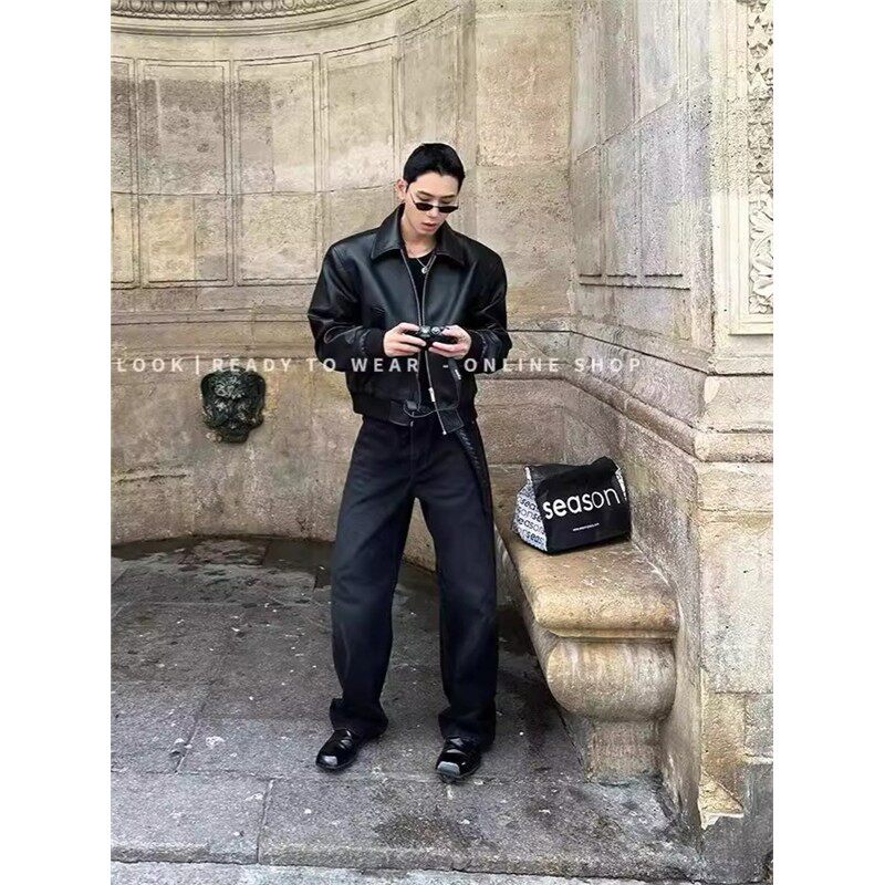 春秋韩版cleanfit宽松短款垫肩黑色皮衣boxy夹克男高级感机车服