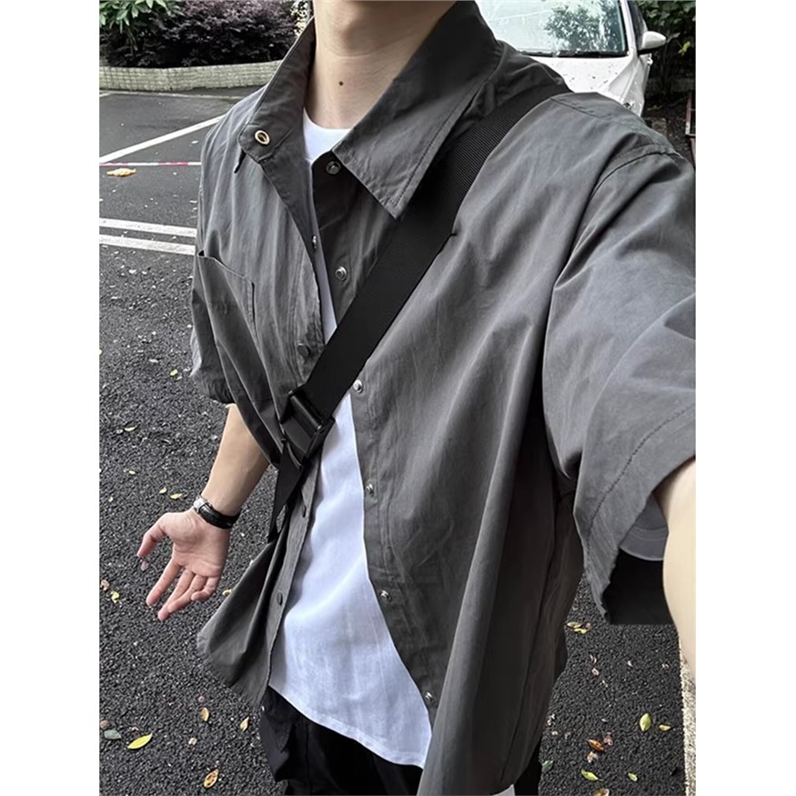 美式复古灰色短袖衬衫设