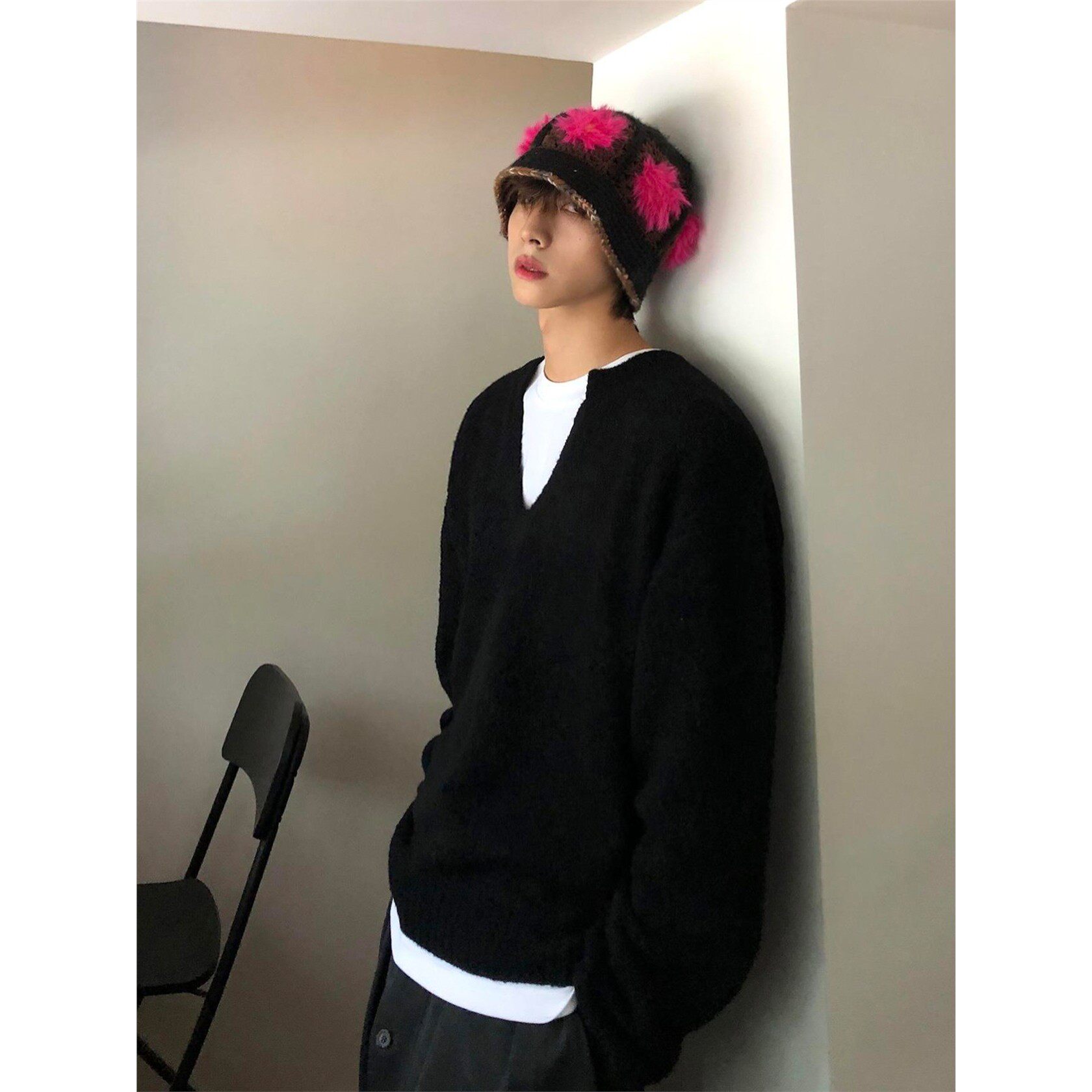 美式复古羊毛混纺V领套头毛衣男秋冬季保暖宽松老钱慵懒风针织衫