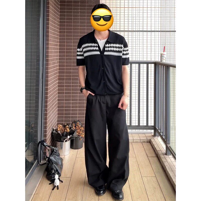 费尔岛元素提花针织短袖男款夏季薄款撞色T恤松弛感穿搭开衫外套