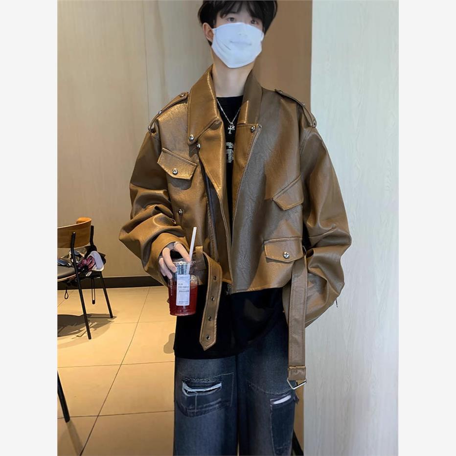 美式咖色铆钉皮衣外套男款国潮炸街设计高级感痞帅短款机车服夹克