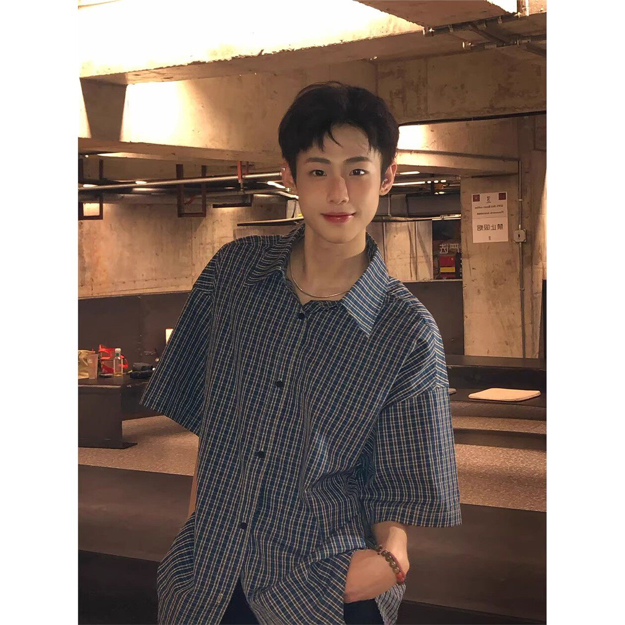 黑色格子衬衫短袖男夏季