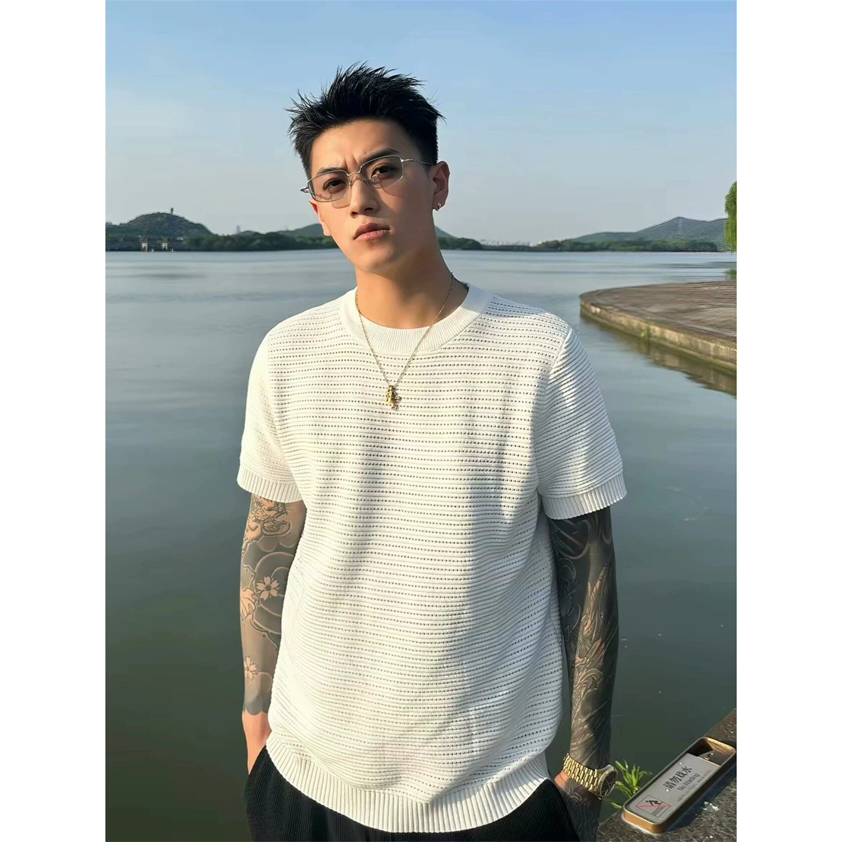 老钱风黑色肌理针织短袖男夏季镂空透气冰丝上衣弹力收腰正肩T恤