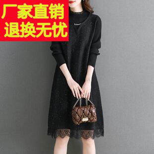 秋冬黑色连衣裙女2025新款洋气高级感气质亮丝蕾丝打底针织毛衣裙