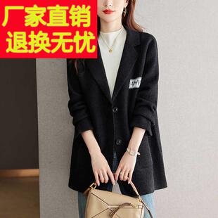 西装外套女2024秋冬新款黑色中长款针织开衫洋气休闲加厚西服上衣