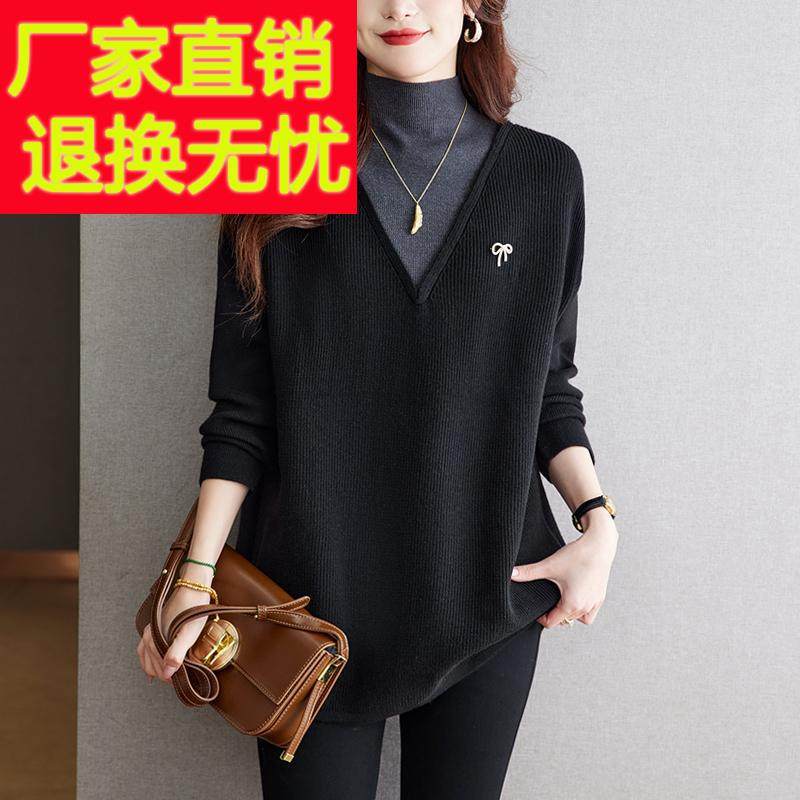 中年妈妈秋冬宽松毛衣中长款女特大码洋气假两件拼色针织打底衫厚