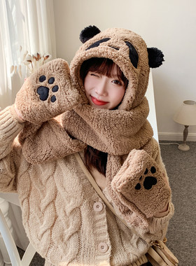 可爱熊猫帽子围巾手套护耳甜美女