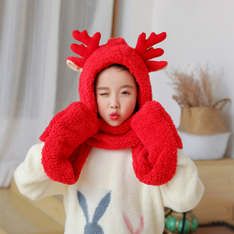 여아를 위한 모자 스카프 장갑을 한 겨울에 모두 학생을 위한 따뜻하고 두꺼워진 쓰리피스 넥스카프 모자 크리스마스 귀여운 뿔
