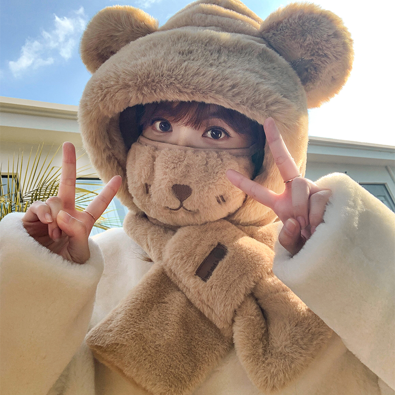 小熊耳朵帽子女冬天加厚小熊围脖口罩一体冬季骑车防寒毛绒雷锋帽