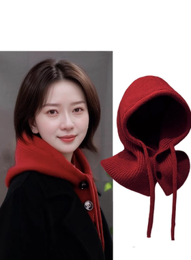 红色针织拉法帽护颈保暖毛线围脖帽子围巾一体帽洋气2025秋冬新款