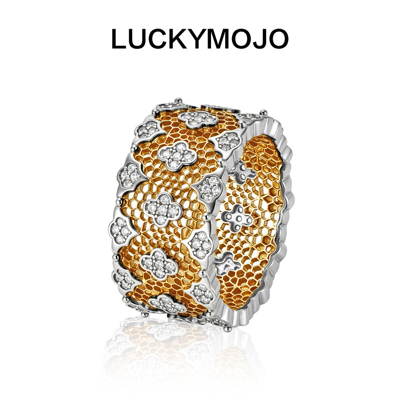 LUCKYMOJO925银戒指 轻奢优雅复古黑金色蕾丝镂空高级男女银指环