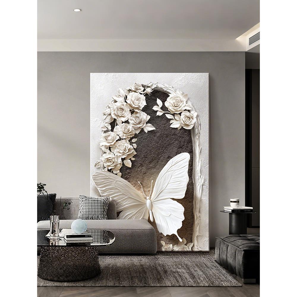 高级感蝴蝶客厅落地装饰画浮雕立体感沙发背景墙挂画黑白灰玄关画