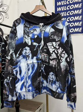 Vale Forever卡通鬼怪印花美式高街男女宽松连帽开衫拉链卫衣帽衫
