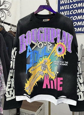 美式高街Roughplay黄色火焰骷髅骨架洗水做旧破洞拼接长袖T恤男女