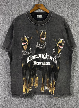 REPRESENT猎犬印花短袖tee洗水做旧美式高街复古男女宽松圆领T恤