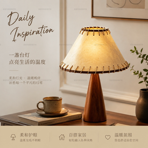 复古布艺皮纹灯罩卧室装饰小夜灯