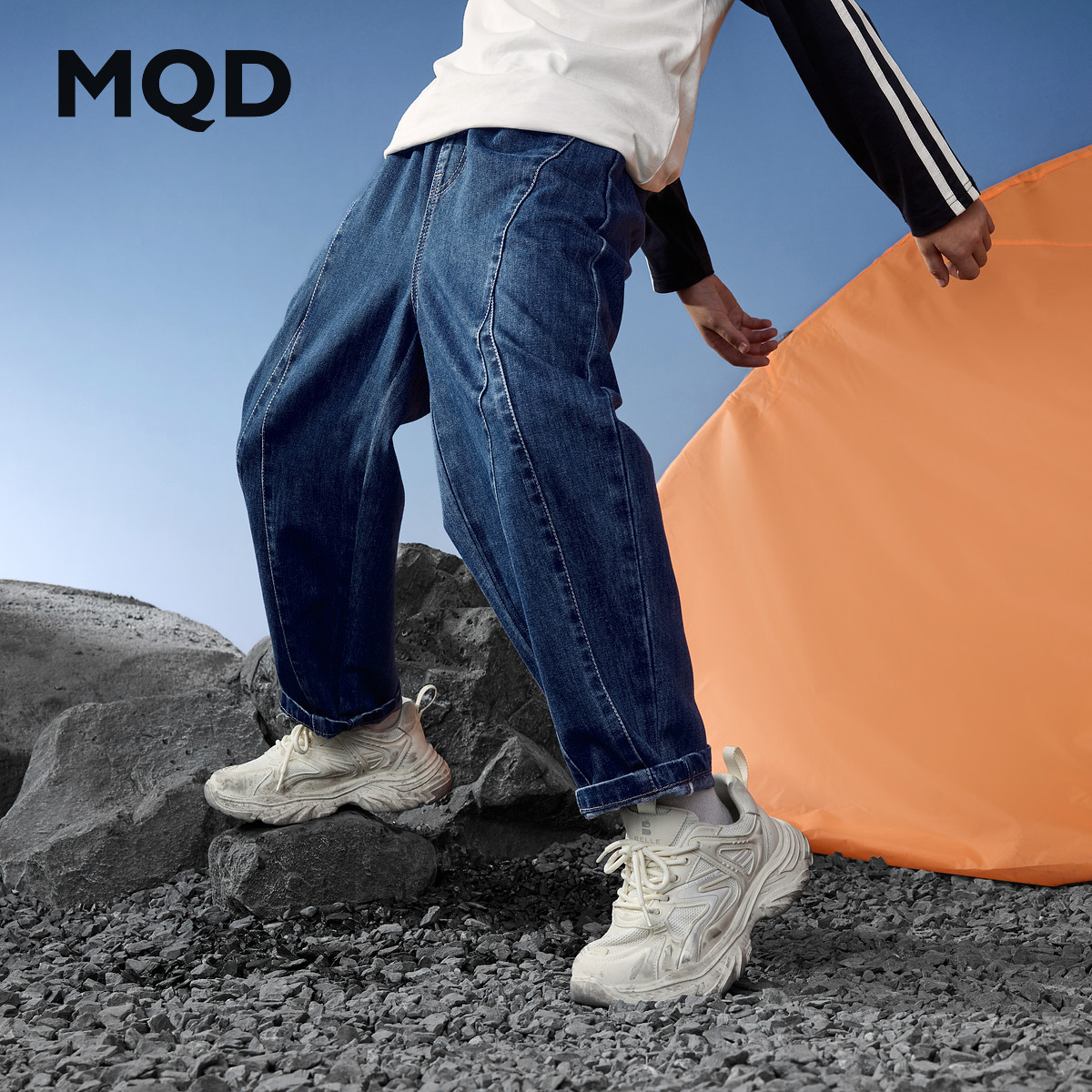 【老爹裤】男童25秋新款街潮学院风立体剪裁撞色口袋牛仔裤