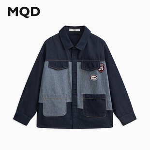 MQD马骑顿童装男童牛仔衬衫24年春新款学院感儿童拼接衬衣外套