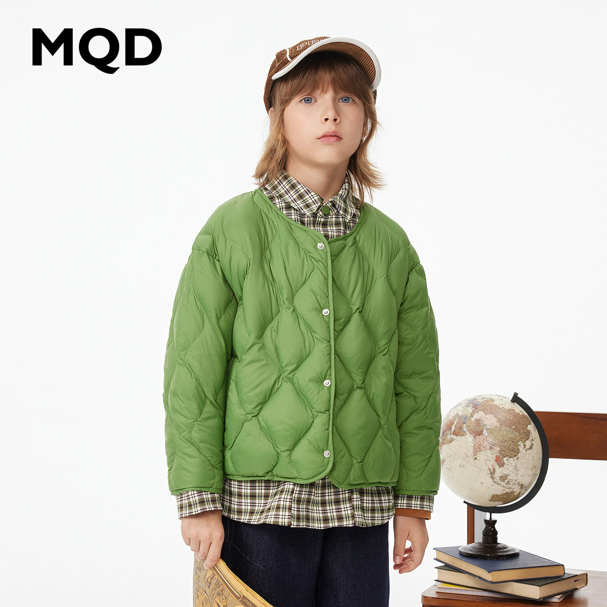 MQD童装儿童羽绒服假两件冬新款衬衫内里短款草绿色羽绒内胆