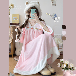 少女甜美可爱汉服绣花睡衣睡裙秋冬季法兰绒加厚保暖大码家居服