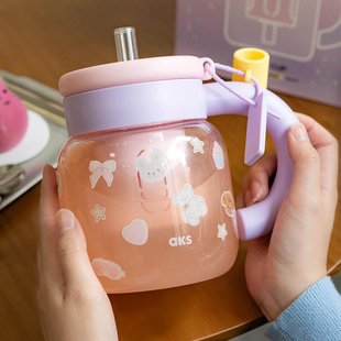 AKS高硼硅玻璃水杯女大容量吸管杯2025新款高颜值女款便携杯子