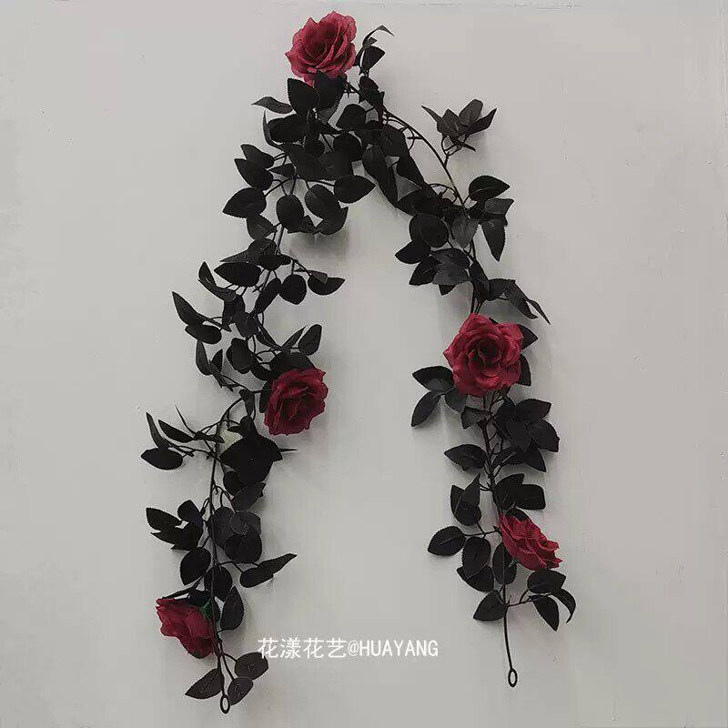 万圣节仿真黑玫瑰藤条暗黑花艺藤蔓庭院装饰派对背景布置假花