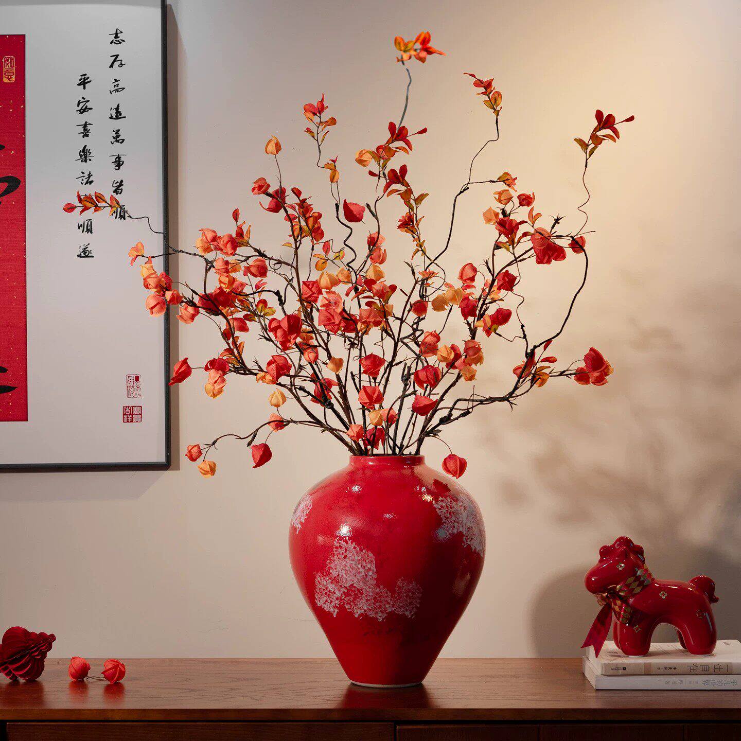 仿真灯笼果树枝花束 栾树果假花客厅玄关落地插花装饰摆件