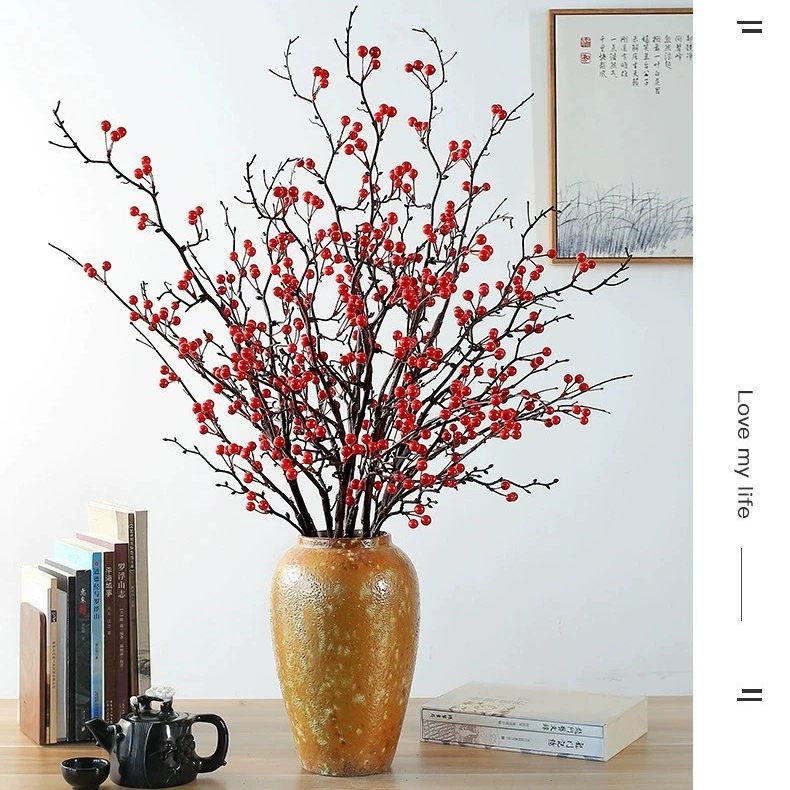 新年年宵冬青红果仿真浆果发财果花束客厅玄关喜庆软装摆设假花