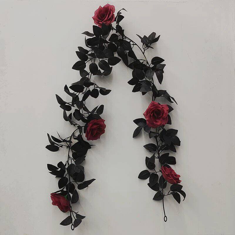 黑色玫瑰叶仿真藤条圣诞节装饰品室内橱窗暗黑花艺布景假花藤条