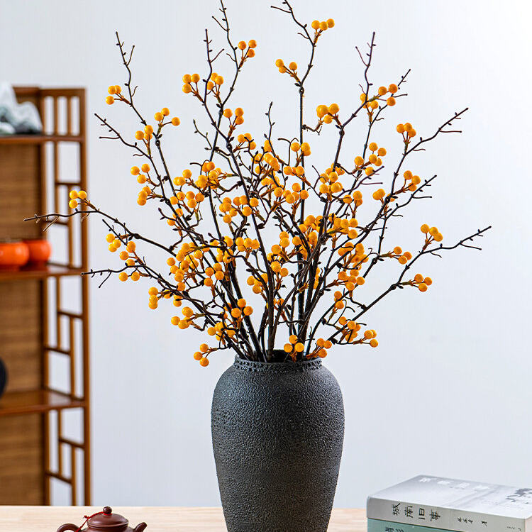 冬青红果发财果仿真花干花花束客厅摆设黄色浆果假花插花花艺摆件
