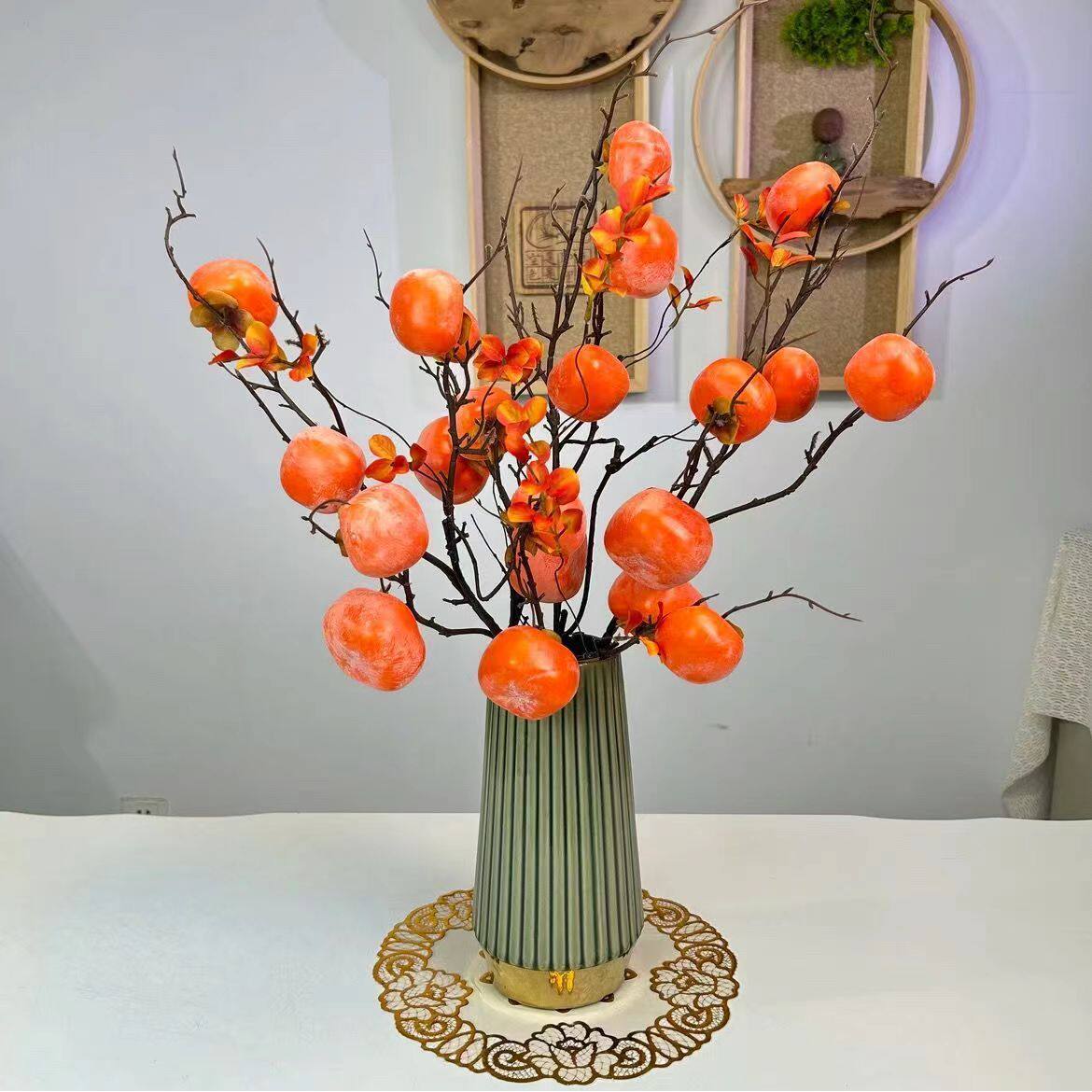中式柿柿如意仿真柿子树枝假花束茶几桌面插花装饰花艺摆件