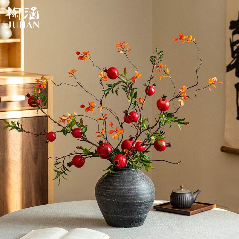 轻奢复古仿真石榴发财果红浆果假花枝桌面插花氛围感装饰摆件